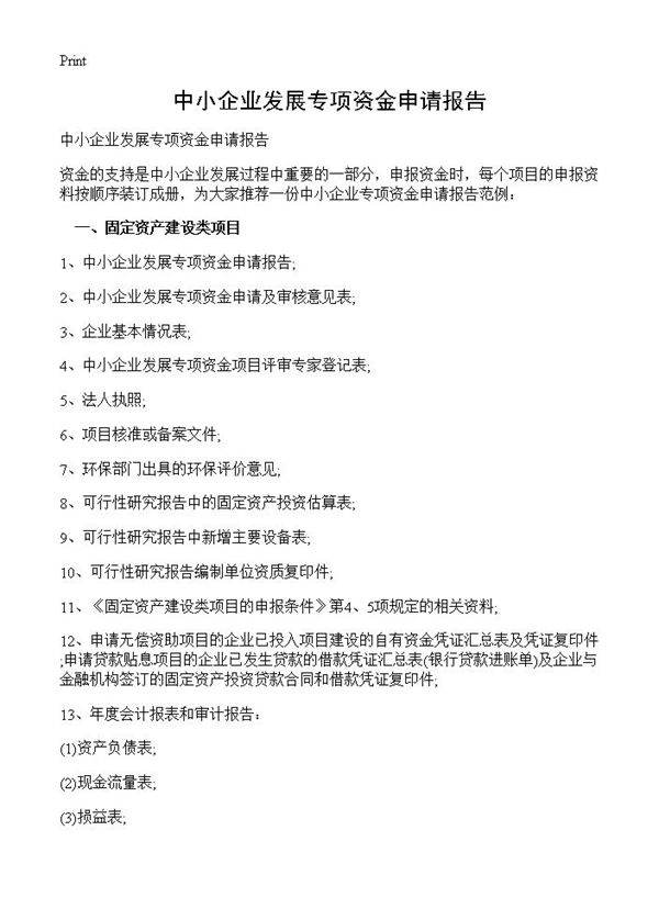 中小企业发展专项资金申请报告