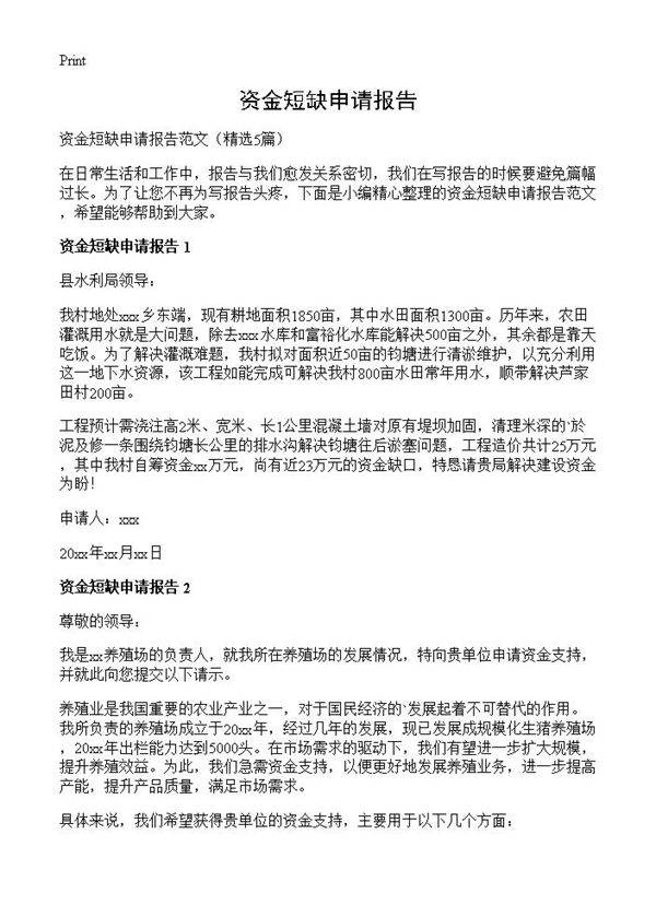 资金短缺申请报告5篇