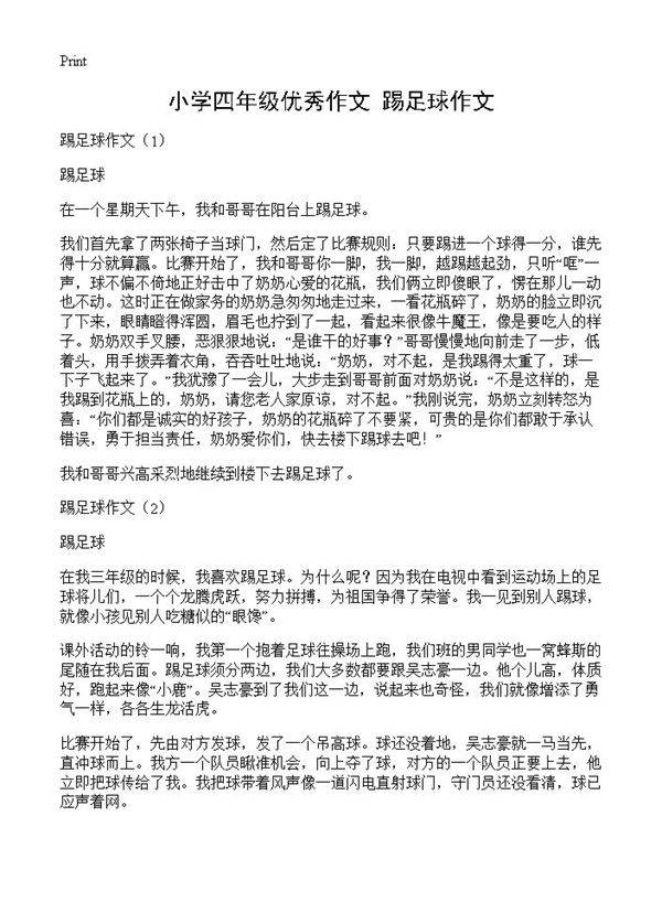 小学四年级优秀作文 踢足球作文
