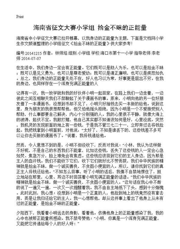 海南省征文大赛小学组 拾金不昧的正能量