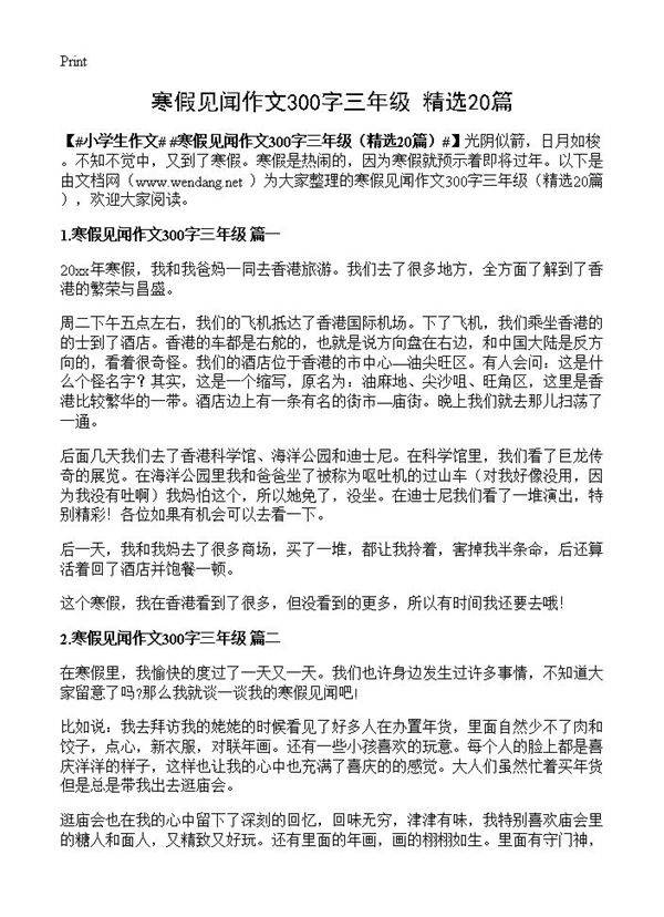寒假见闻作文300字三年级20篇