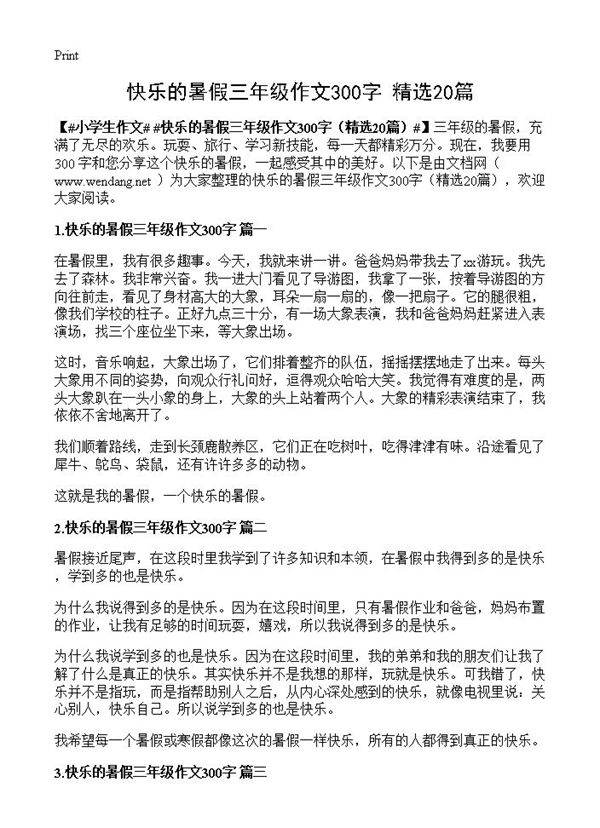 快乐的暑假三年级作文300字20篇