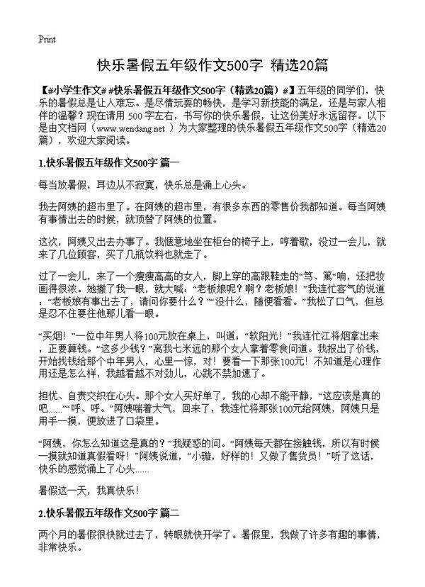 快乐暑假五年级作文500字20篇