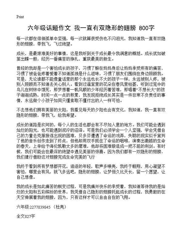 六年级话题作文 我一直有双隐形的翅膀 800字