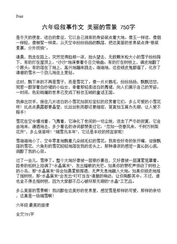 六年级叙事作文 美丽的雪景 750字