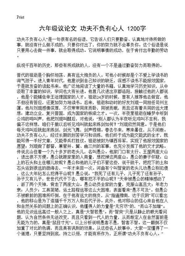六年级议论文 功夫不负有心人 1200字