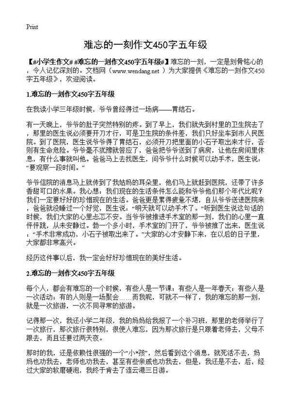 难忘的一刻作文450字五年级