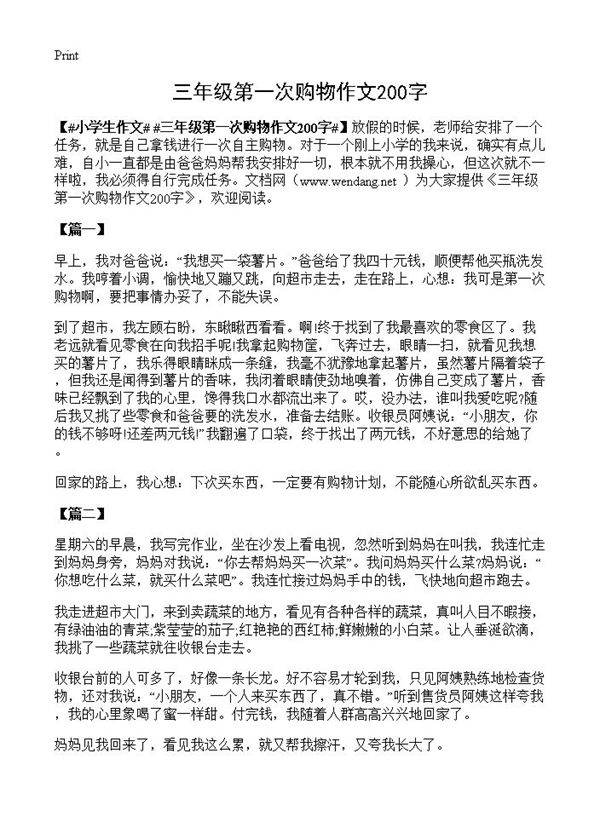 三年级第一次购物作文200字
