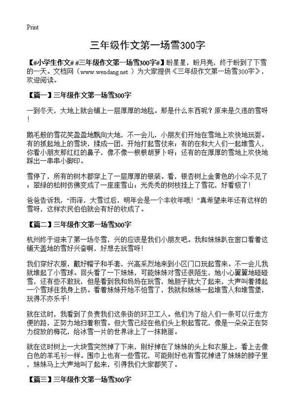 三年级作文第一场雪300字