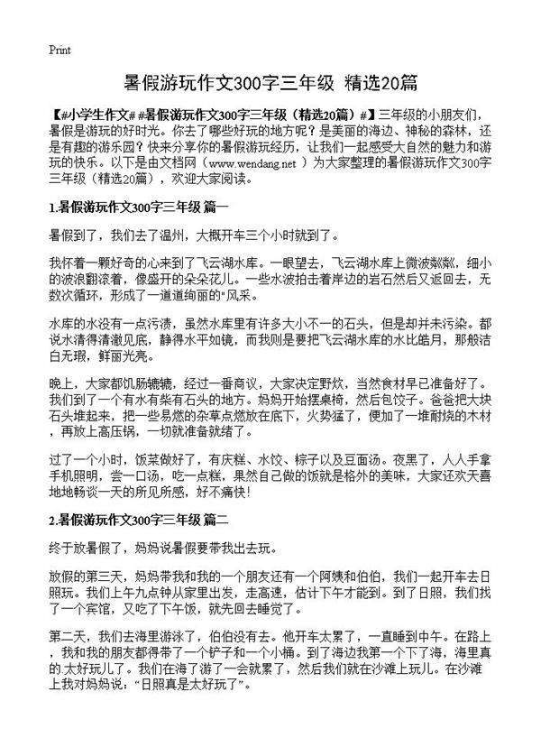暑假游玩作文300字三年级20篇