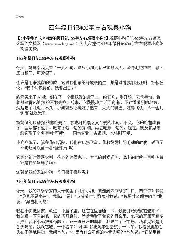 四年级日记400字左右观察小狗