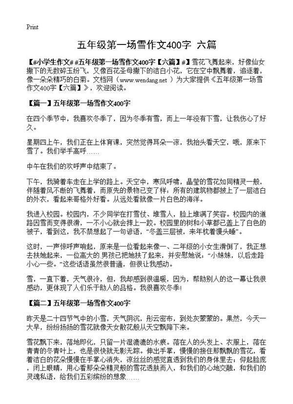 五年级第一场雪作文400字