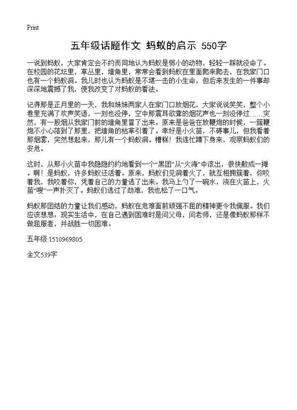 五年级话题作文 蚂蚁的启示 550字