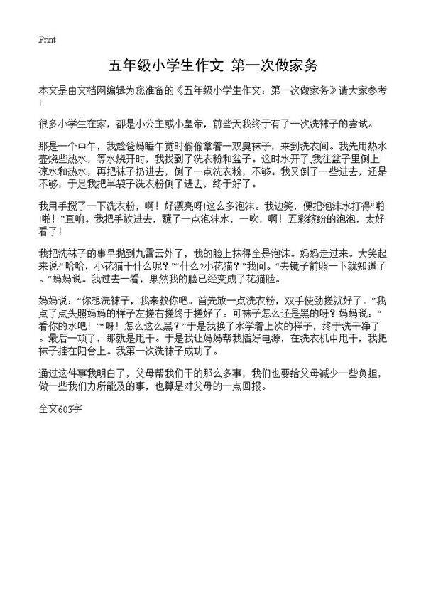 五年级小学生作文 第一次做家务