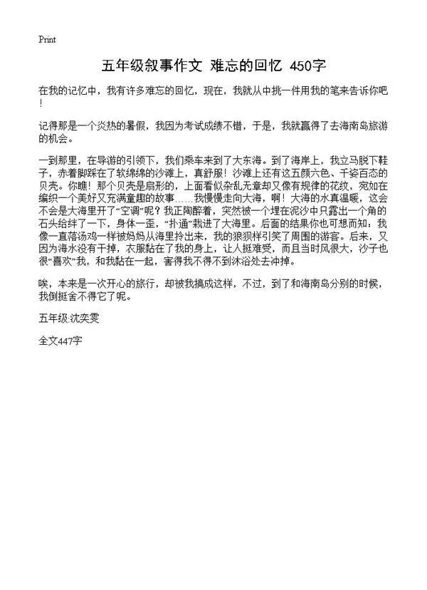五年级叙事作文 难忘的回忆 450字