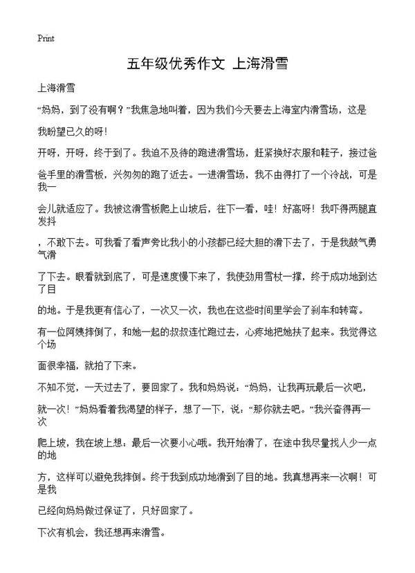 五年级优秀作文 上海滑雪