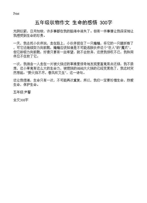 五年级状物作文 生命的感悟 300字