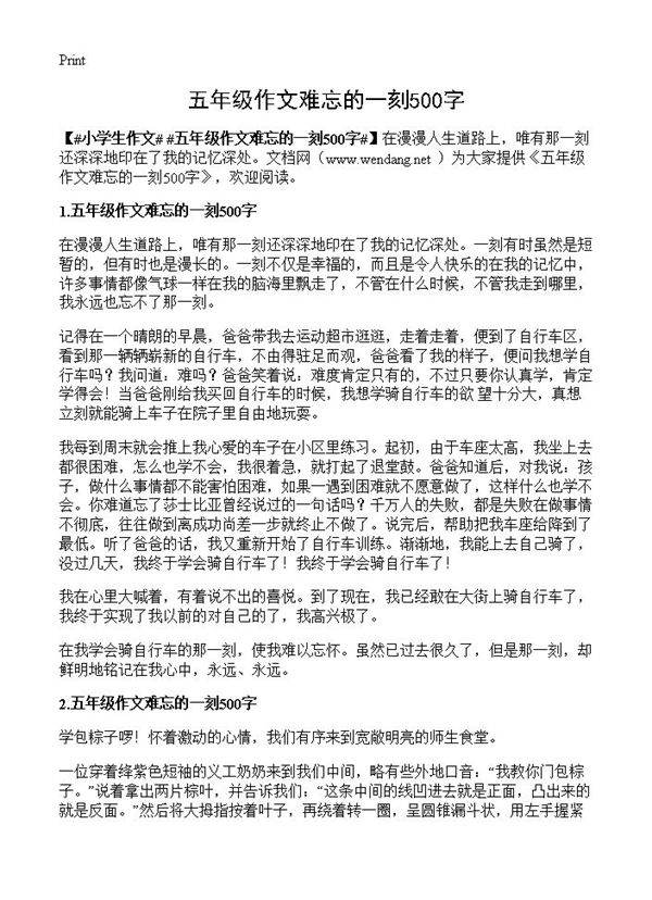 五年级作文难忘的一刻500字