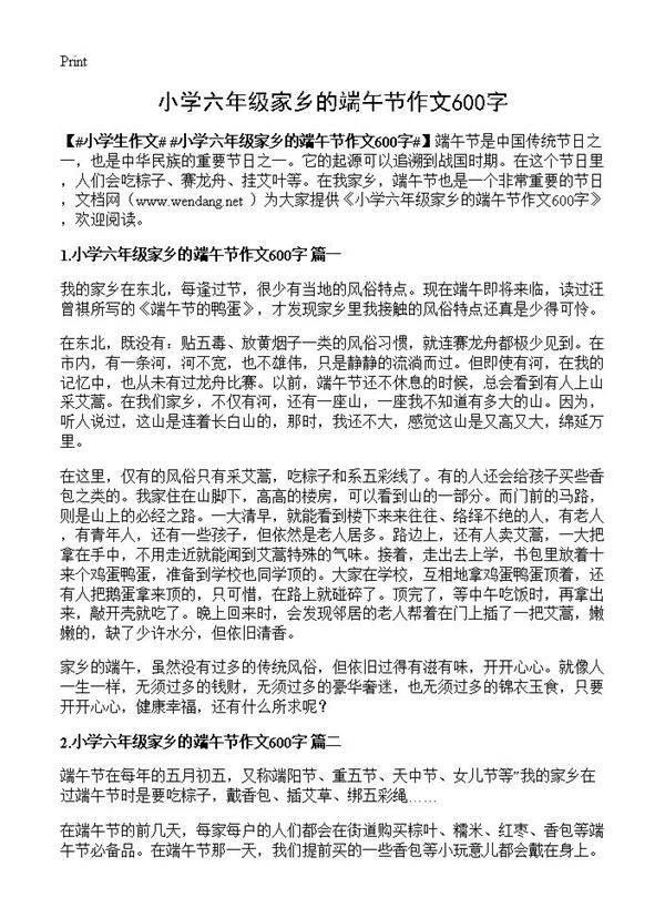 小学六年级家乡的端午节作文600字