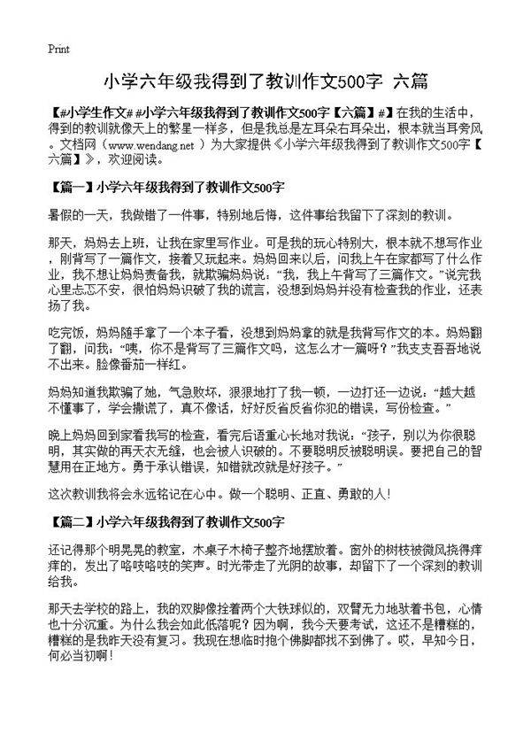 小学六年级我得到了教训作文500字
