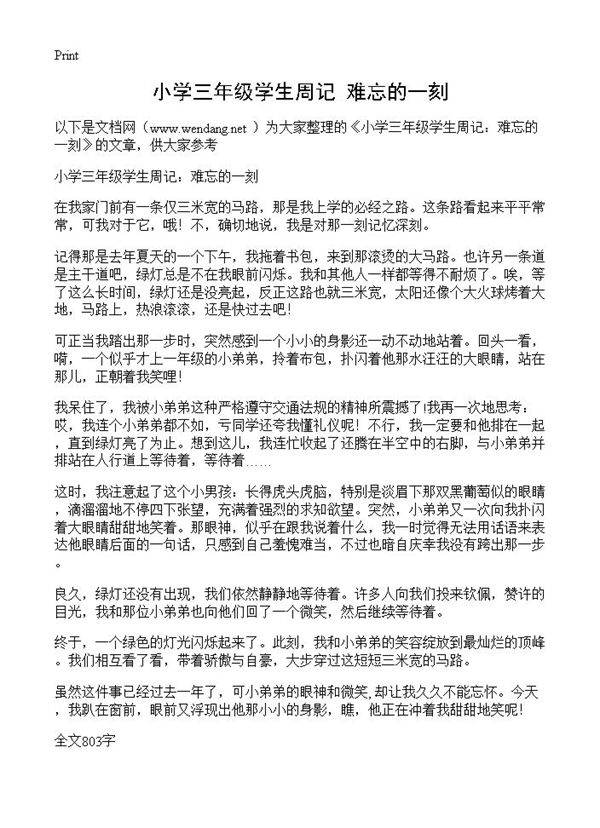 小学三年级学生周记 难忘的一刻