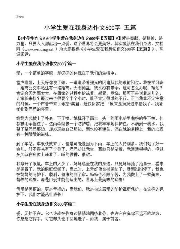 小学生爱在我身边作文600字