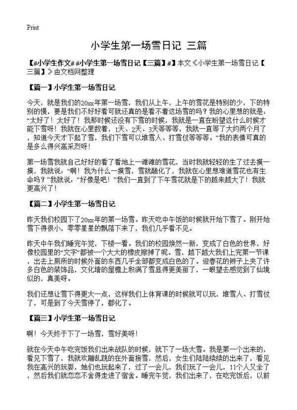 小学生第一场雪日记