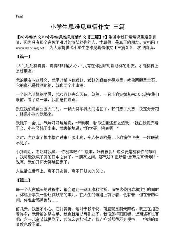 小学生患难见真情作文