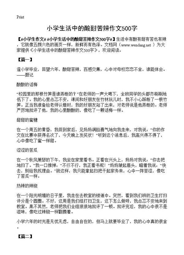 小学生活中的酸甜苦辣作文500字