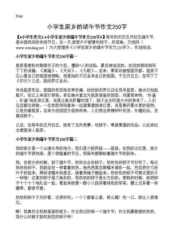 小学生家乡的端午节作文250字