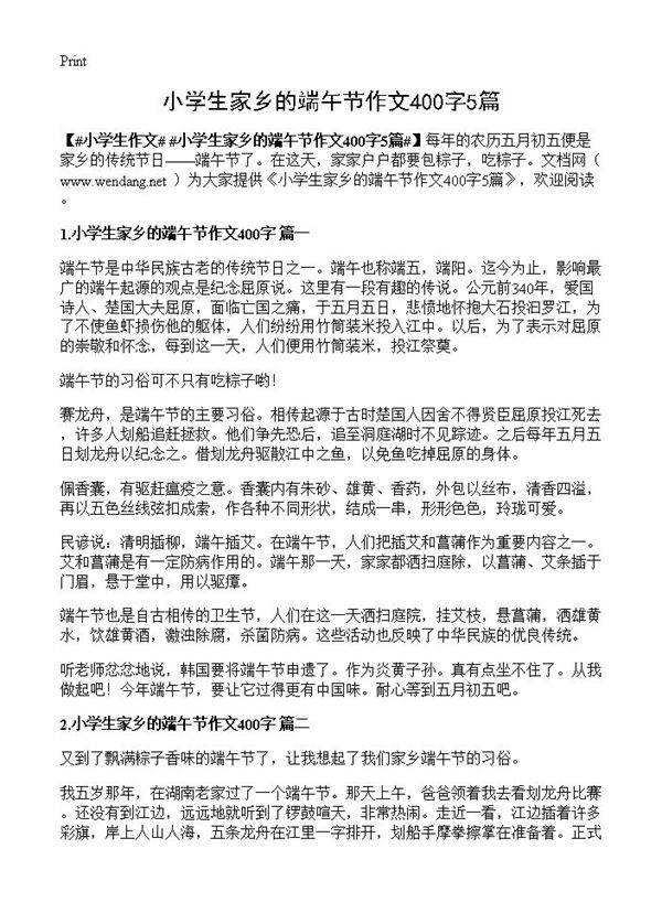 小学生家乡的端午节作文400字5篇
