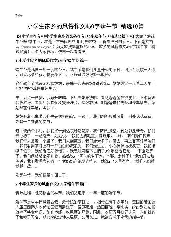 小学生家乡的风俗作文450字端午节10篇
