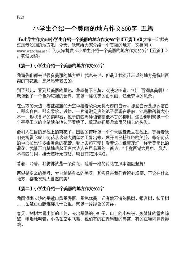 小学生介绍一个美丽的地方作文500字
