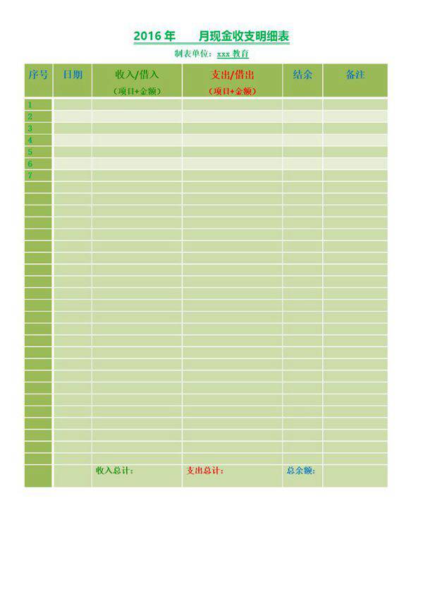 辅导机构 托管班等 现金收支明细表(记账用)