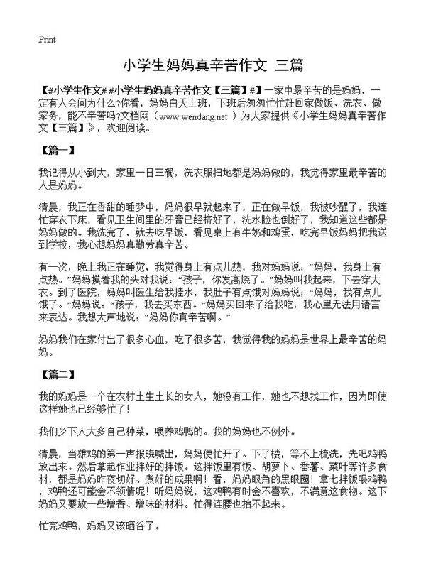 小学生妈妈真辛苦作文