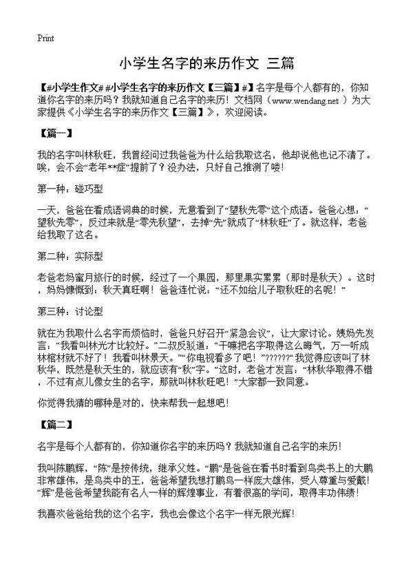 小学生名字的来历作文