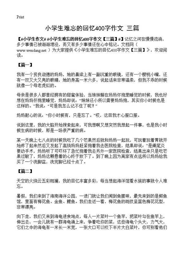 小学生难忘的回忆400字作文