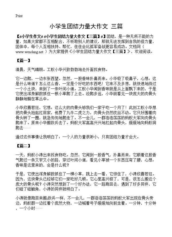 小学生团结力量大作文