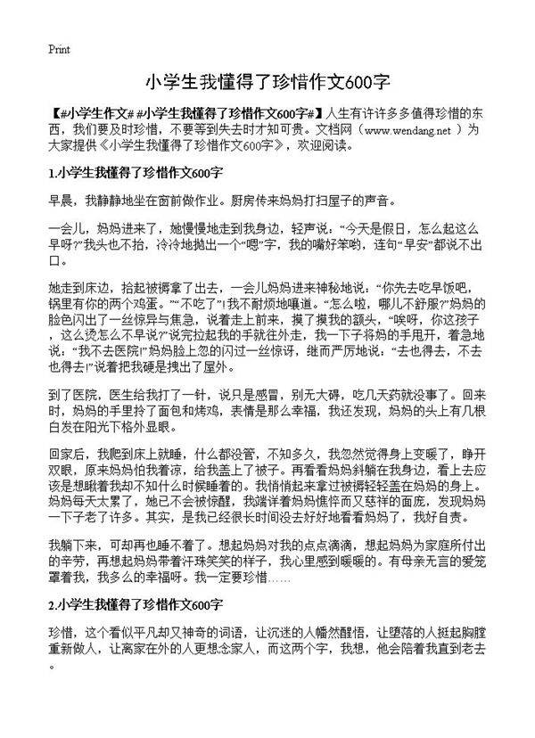 小学生我懂得了珍惜作文600字