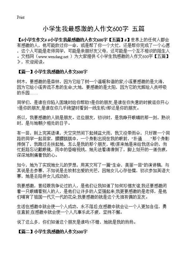 小学生我最感激的人作文600字