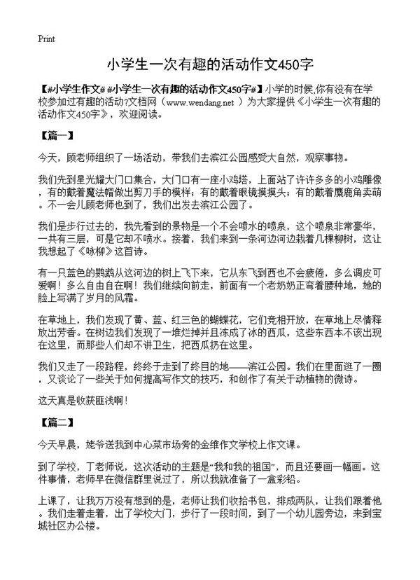小学生一次有趣的活动作文450字