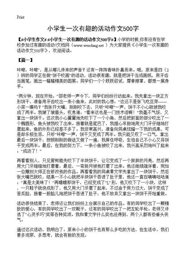 小学生一次有趣的活动作文500字