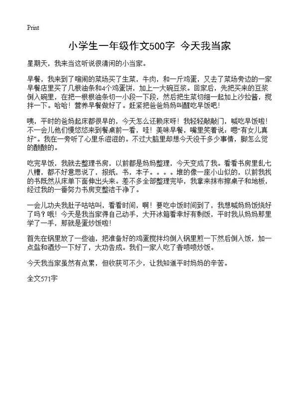 小学生一年级作文500字 今天我当家