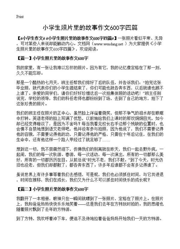 小学生照片里的故事作文600字四篇