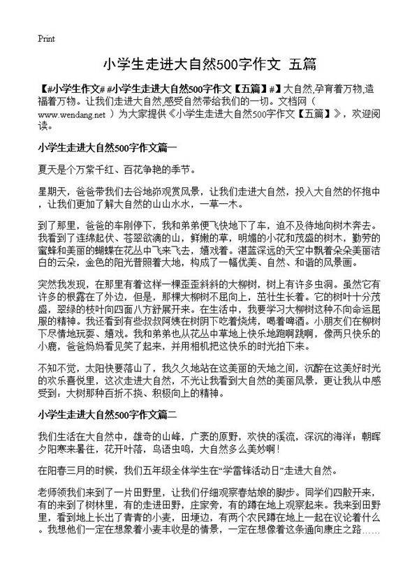 小学生走进大自然500字作文