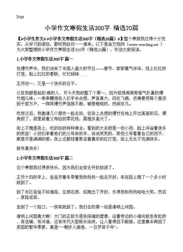 小学作文寒假生活300字20篇