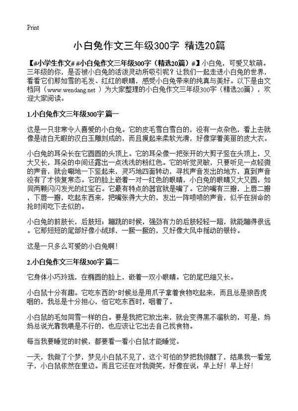 小白兔作文三年级300字20篇