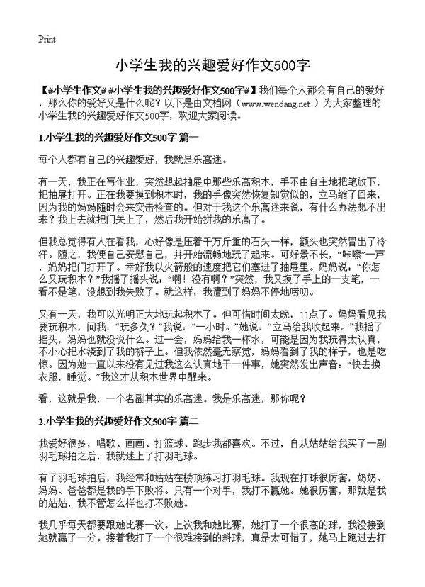 小学生我的兴趣爱好作文500字
