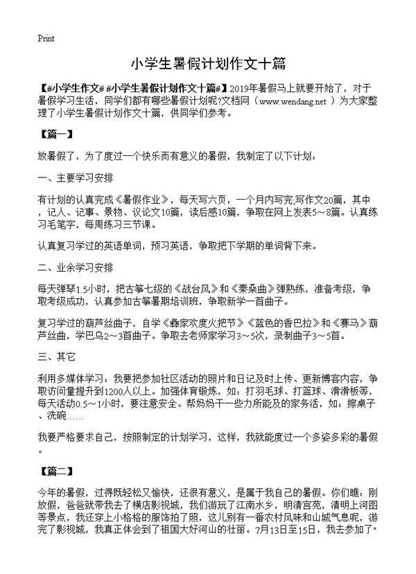 小学生暑假计划作文十篇