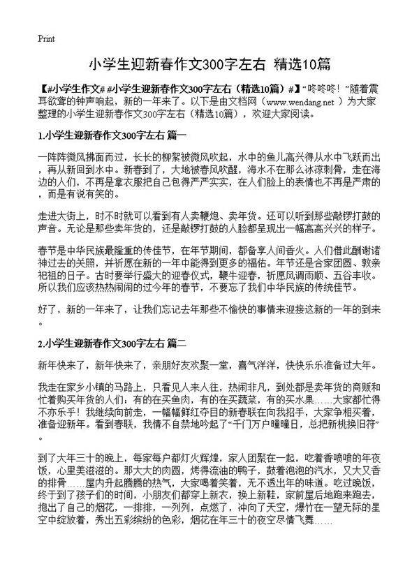 小学生迎新春作文300字左右10篇